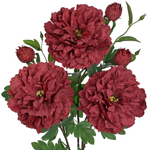 Dark Red Peonies Artificial Flowers 3Pcs Fall Flowers for Fall Decoration 27.5" Real Touch Silk Faux Peony Flower with Stems for Home Autumn Floral Arrangement Vase Table Centerpieces Bouquet Decor - color: Dark Red Peony