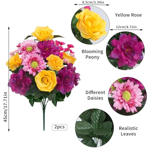 14 Stems Cemetery Flowers for Grave Silk Rose Penoy Faux Dasies Bouquet 19.3" Multicolor Summer Flowers for Headstones Vase Outdoor Home Arrangement Table Centerpiece Decor 2Pcs - color: Purple Yellow-2pcs