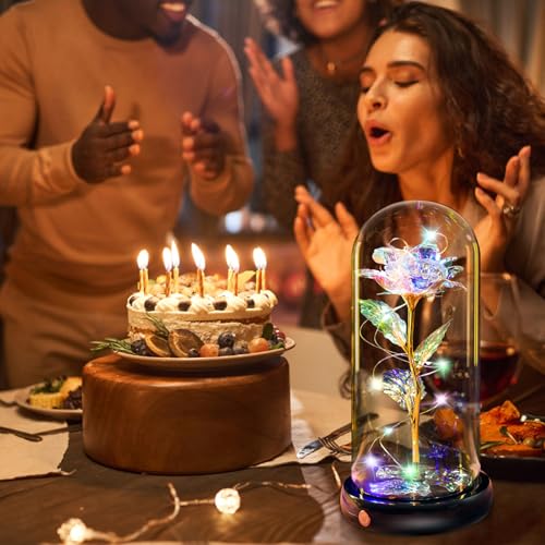 Mothers Day Flowers Gifts for Mom Women Birthday Gift, Rechargeable Galaxy Glass Rose in Glass Dome Forever Crystal Rose Anniversary Mother's Day Roses Gifts for Daughter Wife Women Grandma Rainbow - color: Usb-a Colorful