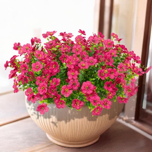 LikSoor 16 Bundles Artificial Flowers Outdoor Spring Summer Decoration Fake Silk Colorful Daisy Eucalyptus Realistic UV Resistant Outside Faux Plants for Garden Porch Window Box Home Decor (Rose Red) - color: Rose Red