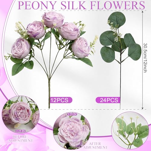 Peonies Artificial Flowers Bulk, 12 Bundles Lilac Fake Silk Peonies Faux Eucalyptus Bouquet Realistic Peony Floral Arrangement for Wedding Table Centerpiece Vase Decor (Lavender & White) - color: Lavender & White