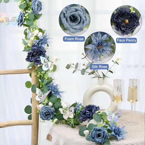 Eucalyptus Garland with Flowers - 2 Pack 5.9 FT Fake Flower Garland with Butterflies Faux Rose Greenery Garlands for Wedding Table Backdrop Arch Centerpieces Decorations - Navy Blue - color: Navy Blue, size: 2 Pack