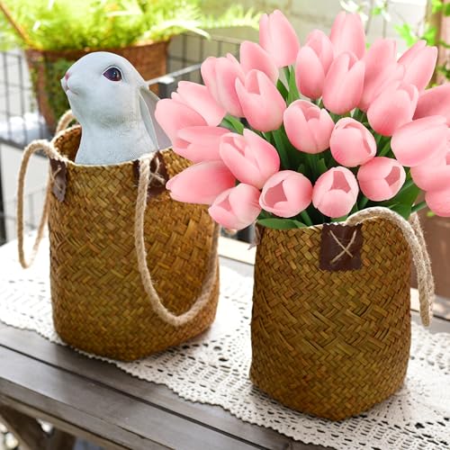 Artificial Tulips Flowers Fake Latex Tulip Stems - 30pcs Real Touch Faux Multicolor Tulips Flower for Easter Spring Wedding Bouquet Centerpiece Floral Arrangement Cemetery Table Decor - color: Pink 01