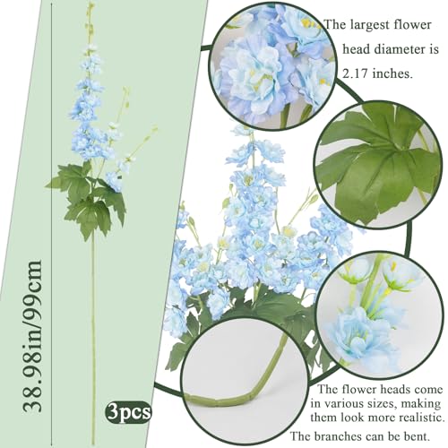 3 Pcs Delphinium Artificial Flowers 40" Long Stem Silk Larkspur Flowers Bulk Blue Faux Delphinium Stems for Tall Floor Vase Wedding Floral Arrangement Centerpieces Outdoor Home Decor Indoor - color: Blue