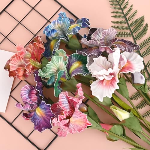 M METERXITY 1-Pack Purple Red Artificial Iris Flowers with Flower Bud,17.7 Inch Faux Iris PU Bouquets Real Touch Faux Flowers for Home/Wedding/Christmas/Party - color: Purple Red