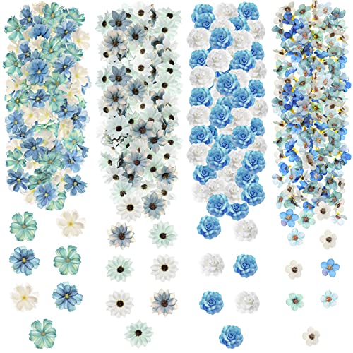 Cindeer 217 Pcs Mini Silk Flower Heads Bulk, Small Fake Flowers for Crafts Artificial 3D Loose Fabric Flower for Crafts DIY Wedding Party Hair Cap Dresses Decorations(Blue Series) - color: Blue Series