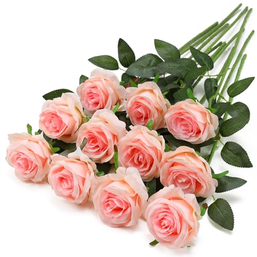 Pink Fake Roses Artificial Flowers - 10 Pcs Fake Artificial Roses Silk Flowers with Stems for Home Wedding Hotel Office Centerpiece Decor（Champagne Pink） - color: Champagne Pink, size: 10 Pcs