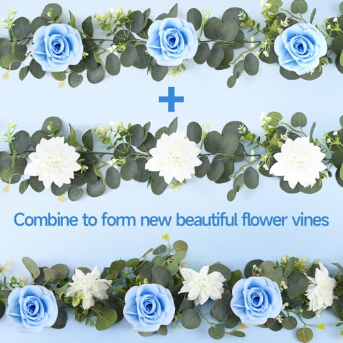 4 Pack Wedding Garland Set, Blue Rose & White Dahlia Hanging Flower Vines for Wedding Arch, Backdrop, Mantel, Home Decor (5.91ft) - color: Blue White