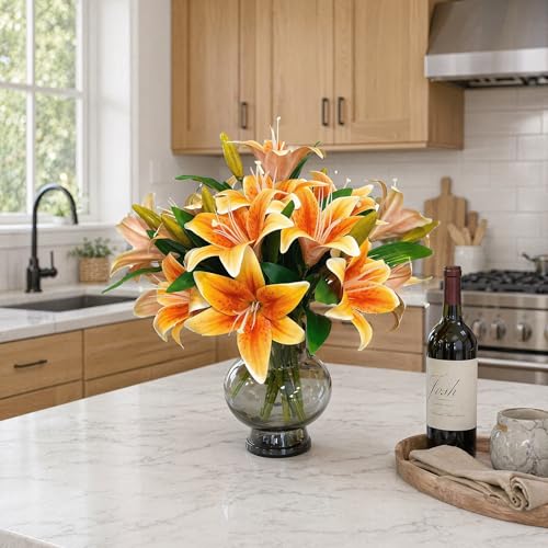 ATFL Artificial Lilies Flowers,9 Pcs Faux Lily Flowers,16''Tiger Lily Branches with 2 Full Blooms and 1 Bud,Faux Fake Lilies Plants for Wedding Bouquet Floral Arrangements (9, deep Orange) - color: Deep Orange