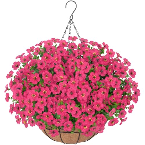 Bassion Artificial Hanging Flowers for Outdoors, UV Resistant Silk Flowers Basket Fuchsia Faux Daisy with Eucalyptus Leaves Hanging Fake Plants for Porch Balcony Patio Home Spring Summer Decoration - color: Fuchsia