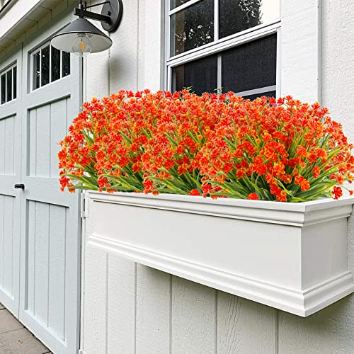 Outdoor Artificial Fake Flowers,8 Bundles Plastic Flowers Outdoor UV Resistant Faux Flowers for Indoor Outdoor Garden Porch Home Decor(Orange Red) - color: Orange Red, size: 8 Bundles