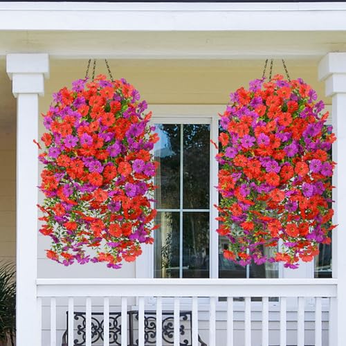 Dolicer 2 Pcs Look Real Artificial Flowers for Outdoors, Realistic Fake Artificial Hanging Flowers for Outdoors UV Resistant Silk Faux Hanging Plants Flowers for Porch Patio Garden (Purple+Red) - color: Purple+red, size: 2 Pcs