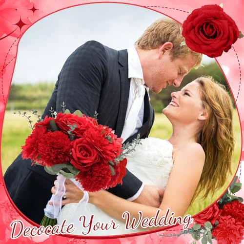 Suncalla 98 Pcs Artificial Flowers Bouquet Assorted Faux Flowers Heads with Stem Eucalyptus Leaves Silk Floral Table Centerpiece for DIY Wedding Party Wreath Home Decor(Red Color) - color: Red Color