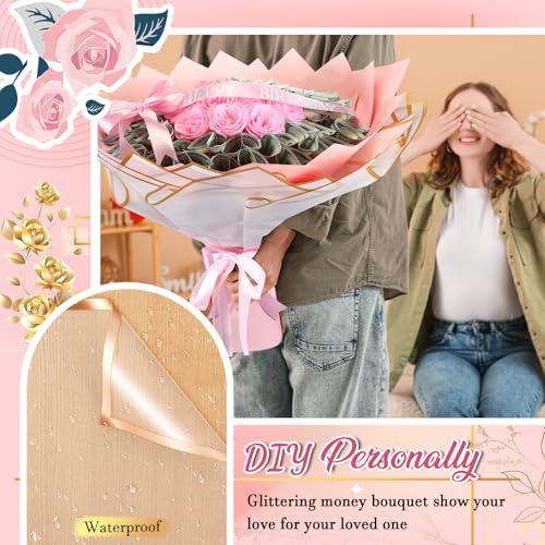 XunYee Bouquet Kit 20 Sheet Flower Wrapping Paper 100 Pcs Bamboo Skewers Floral Foam Blocks for Anniversary Birthday Gift Graduation Mother's Day(White, Solid Pink) - color: White, Solid Pink