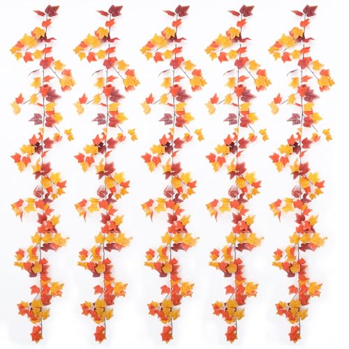 mizii 5 Packs 360" Artificial Vines Fall Ivy Garland Fake Vine Realistic Silk Leaves Faux Hanging Plants Greenery Decoration for Outdoors Wedding Party Indoor Mantle Bedroom Fall Decor (Fall Ivy) - color: Fall Ivy