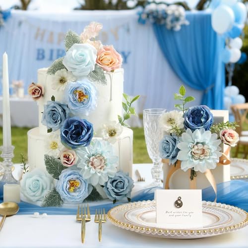 Artificial Flowers Box Blue Pink Silk Fake Rose for DIY Wedding Bridal Bouquets Cake Floral Arrangement Table Centerpieces Baby Shower Birthday Party Home Decor - color: Blue