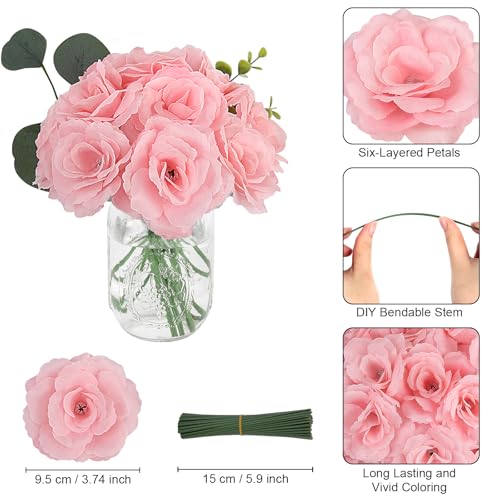 LELEE 108pcs Roses Head Flowers with Stem - Pink Artificial Flowers Rose Bulk - Silk Rose Fake Flower for Wedding Bouquet Valentine's Party Decor DIY Bridal Shower Centerpieces - color: Pink
