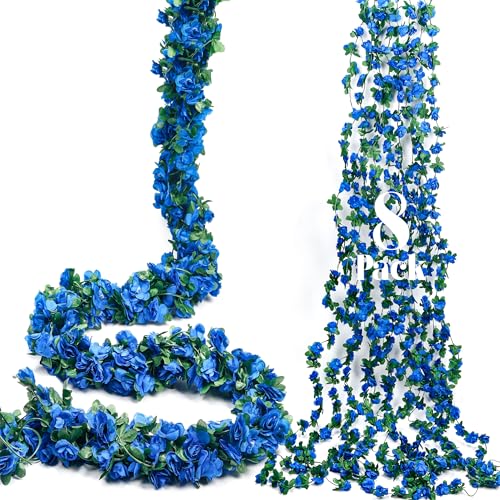 Miracliy 8Pcs 66FT Blue Flower Garland, Artificial Rose Floral Vines Fake Hanging Spring Flower Garland for Wall Backdrop Wedding Arch Tea Party Door Mantle Decoration - color: Sapphire-8pcs
