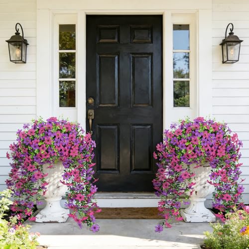 Roberly 4 Pcs Artificial Hanging Flowers for Outdoors, Realistic Faux Silk Flowers UV Resistant Fake Greenery Plants for Spring Summer Garden Porch Indoor Outdoor Home Decor, Purple Fuchsia - color: Purple Fuchsia