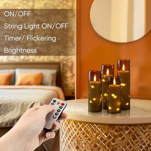 Homemory Flameless Candles with Star String Fairy Lights, Battery Operated Candles, LED Candle, Fake Candles with Remote Control and Timer, Modern Home Decor, Grey, Set of 5 - color: Grey-5pcs, size: 5pcs, D2.2"x H5"5"6"7"8"