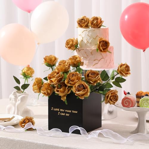 Tifuly Gold Roses Artificial Flowers -12Pcs Realistic Single Long Stem Fake Silk Roses Bouquet for Party Home Wedding Centerpiece Hotel Office Decor - color: Gold