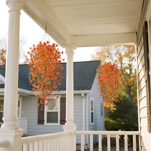 Ammyoo Artificial Hanging Flowers for Outdoors Fake Mums Fall Decoration, 2 Packs Faux Silk Daisy Flower Realistic Outdoor Flowers UV Resistant Porch Patio Window Yard Indoor Shelf(Orange) - color: Orange