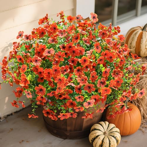 florisso Artificial Fake Fall Mums Flowers Plants for Outdoor Outside Decoration, 12 Bundles Faux Silk Orange Daisy UV Resistant Look Real for Autumn Front Door Porch Planter Patio Garden Home - color: Orange