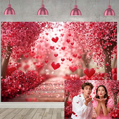 Valentine's Day Backdrop, Pink Red Hearts Petals Pathway Romantic Photography Background for Girls Women Birthday Weeding Bridal Shower Party Decorations Banner Photo Studio Props 5X3FT - color: Pink and Red, size: 5X3FT