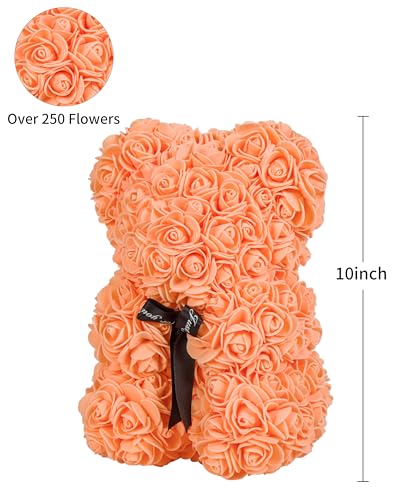 DuHouse Rose Bear Rose Teddy Bear Flower Gift Black Box for Valentines Gifts Anniversary Christmas,Birthdays Bridal Showers -Fully Handmade 10 inch Flower Bear Clear Gift Box (Orange) - color: Orange