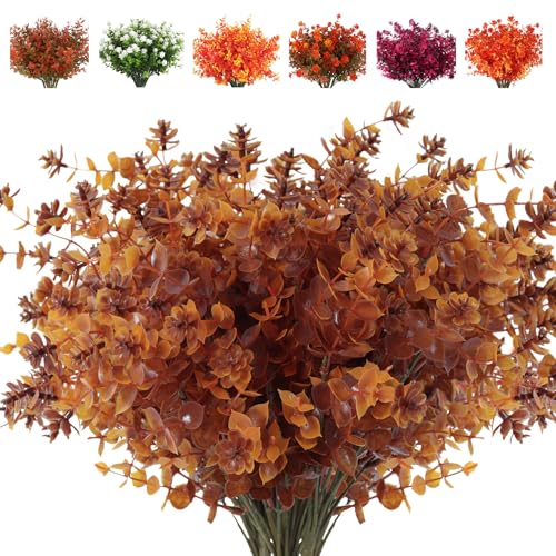 RECUTMS Faux Mums Plants,Artificial Flowers for Outside Artificial Fall Flowers, Fake Outdoor UV Resistant Autumn Plants for Home Kitchen Christmas Festival Thanksgiving Autumns Decoration(Brown) - color: Brown, size: 8 Pcs