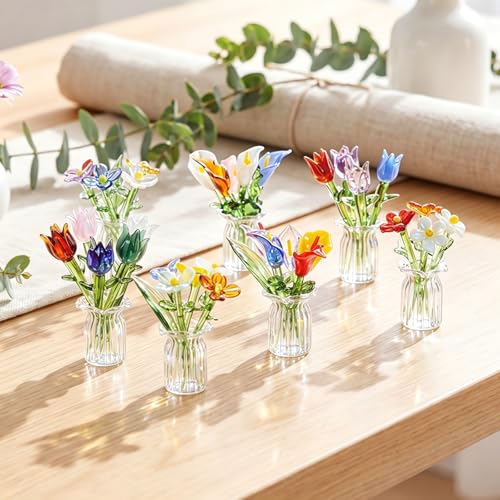 FoldTier 42 Pcs Mini Glass Flower Decoration Hand Blown Glass Flower Figurines Collectible Ornaments with Vase for Mothers Day Birthday Table Centerpiece Garden DIY Craft(Style 1) - style: Mixed
