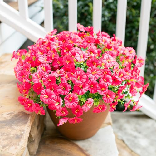 HyeFlora Artificial Flowers for Outdoors Fake Plants Outside Decoration, 12 Bundles Silk Hot Pink Morning Glory UV Resistant Look Real Faux Flowers for Planter Front Door Porch Patio Yard Gardens Home - color: Hot Pink