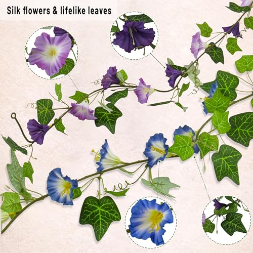 6ft Artificial Flower Garland, Blue & Purple Morning Glory Hanging Garland, Faux Ivy Floral Garland, 1 Blue + 1 Purple, 2 Pack for Home Wedding Party Wall Decor - size: 6FT-XYD-Mixed