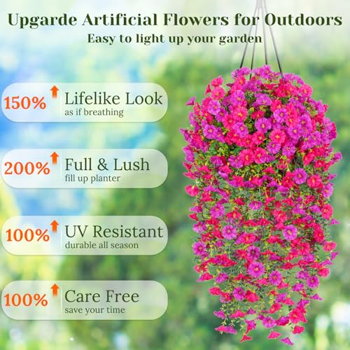Dolicer 4 Packs Look Real Artificial Flowers for Outdoors, Fake Artificial Hanging Flowers for Outdoors Realistic UV Resistant Faux Hanging Flowers Silk Petunia for Porch Patio (Fuchsia+Rose Red) - color: Fuchsia+rose Red, size: 4 packs