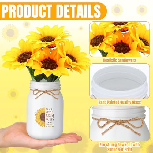 Ziliny Artificial Sunflower Decor Set of 3 Sunflower Table Centerpiece with Mason Jar Fake Flowers for Farmhouse Kitchen Dining Table Tiered Tray Wedding Baby Shower Centerpiece