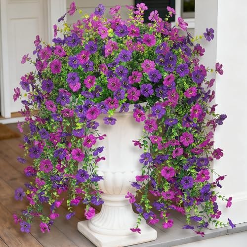 Ammyoo 2Pcs Fake Hanging Flowers for Outdoor Decoration Artificial Hanging Flowers Realistic Daisy Plants UV Resistant, Faux Silk Flower for Porch Patio Window Sill Outside Decor(Purple Deep Purple) - color: Purple Deep Purple