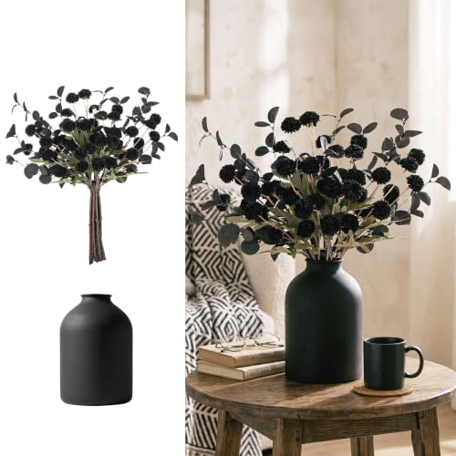 BLOSMON Black Flowers Artificial for Table: Metal Vase with 12 Stems of Fake Mums Eucalyptuses Centerpieces for Dining Room - Faux Silk Pom Poms Floral Arrangements Black Kitchen Home Decor Indoor - color: Black Kiku