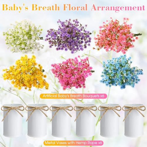 Wavwavw 6 Set Babys Breath Artificial Flowers Centerpieces for Tables Gypsophila Faux Fake Flowers with Vase Floral Arrangement Bouquets for Wedding Dining Table Home Party Decor - color: Pastel Color, size: Baby's Breath
