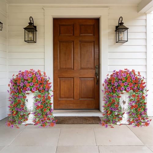 4 Pcs Artificial Hanging Flowers for Outdoor, Fake Silk Daisy Flowers Spring Summer Decoration UV Resistant Faux Plants for Planter Front Door Porch Patio Balcony Yard Decor, Red Purlple - color: Red Purlple