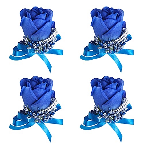 Wrist Corsage, 4 Packs, Royal Blue, Artificial Silk Roses, Hand Flower for Bride Bridesmaid, Perfect for Wedding, Prom, Party - color: Corsage-royal Blue, size: 4 Packs