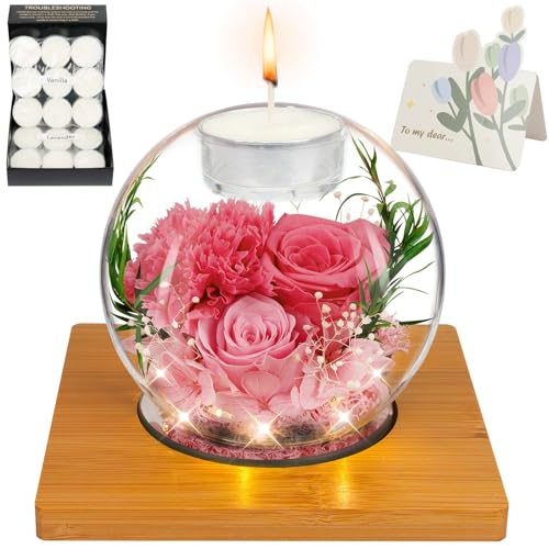 Preserved Pink Carnation Real Rose in Glass with Scented Candles–– Forever Flower Romantic Anniversary Christmas Birthday Valentines Mothers Day Gifts for Mom, Women, Wife, Girlfriend, Her, Grandma - color: Pink Carnation