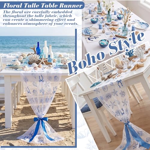 Mindsoft 3 Pcs Coastal Table Runner 10ft Blue Bow Beach Ocean Nautical Embroidery Tulle Lace Table Runner Last Toast on the Coast Decor for Wedding Bridal Baby Shower Holiday Dining DIY - style: Coast