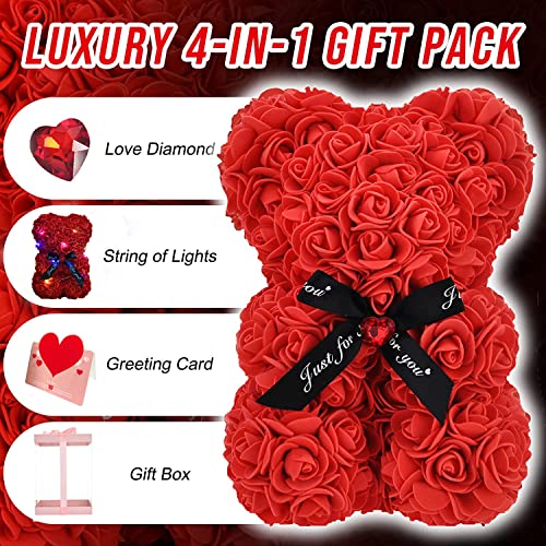 Lgv Flower Rose Bear,Romantic Gift for Valentine's Mother's Day, Christmas, Birthday,Girl Friend Her Mom Female Wife with Artificial Heart-Shaped Diamonds Red - color: Red