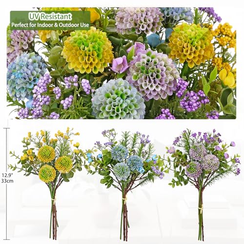 UV Resistant Artificial Flowers for Outdoors & Indoors 3 Bouquets, 12.9" Faux Mums Chrysanthemum Plastic Flowers for Decoration, Fake Floral Arrangements for Home, Planter, Patio, Porch, Garden Decor - color: Yello & Blue & Purple