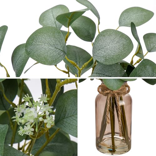 Briful Artificial Eucalyptus Stems in Teal Glass Vase with Faux Water, 14" Fake Plant Eucalyptus Leaves for Home Farmhouse Wedding Centerpiece Bathroom Décor - color: Teal