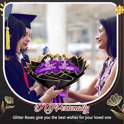Money Bouquet Kit 12 Pcs Glitter Roses 20 Sheet Flower Wrapping Paper DIY Flower Bouquet Floral Foam Blocks Sticker for Anniversary Birthday Mother's Day Graduation(Purple) - color: Purple