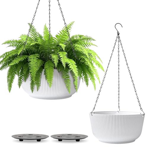 T4U 10 Inch Hanging Planters for Indoor Plants, 2 Pack White Self Watering Hanging Plant Pot, Hanging Pots Set with Drainage Hole & Plug & Chain with 3 Hooks for Garden Home Decor - color: White, size: 10 inch