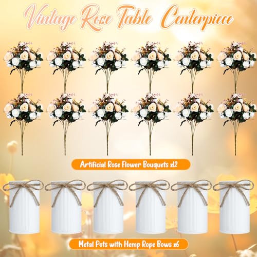Domensi 6 Sets Wedding Centerpiece for Table Artificial Rose with Vase Fake Bouquets and Metal Pot Flower Arrangements for Bridal Shower Birthday Party Event Table Decor (Champagne) - color: Champagne