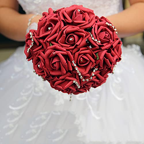 IPOPU Artificial Rose Flower Heads, 100 Pcs Real Looking Burgundy Foam Fake Roses for DIY Wedding Baby Shower Centerpieces Arrangements Party Tables Home Decorations (Wine red, Stemless) - color: 100pcs Burgundy
