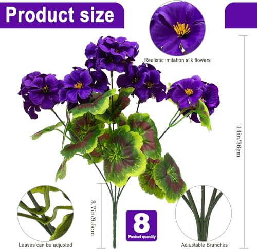 lovemoon 8 Pcs Artificial Geranium Plant Realistic Silk Flowers for Outside UV Resistant Faux Geraniums Flowers for Indoor Outdoor Home Garden Office Decoration (8, Purple) - color: Purple